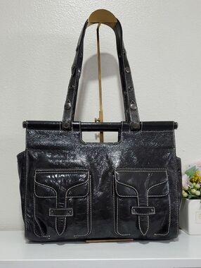 RARE Loewe Lollipop Textured Black Patent Leather Large ShoulderBag🖤🤍